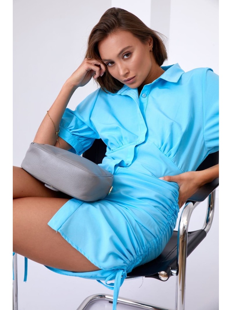 Shirt dress with ruffles on the sides, turquoise FG649 - Online store - Boutique